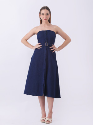 Gaiia Fashion Women Fit and Flare Dark Blue Midi/Calf Length Dress