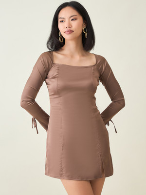 AAYU Women A-line Gold Above Knee/Mid Thigh Length Dress