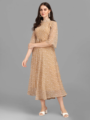 GUFRINA Women Maxi Beige, Yellow Midi/Calf Length Dress