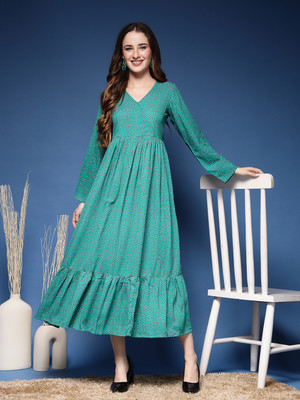 Daevish Women Fit and Flare Green Maxi/Full Length Dress