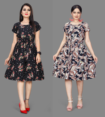 Madhave Women Fit and Flare Black Below Knee Dress