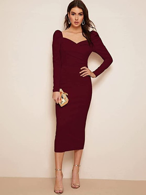 FAVRIZ Women A-line Maroon Midi/Calf Length Dress