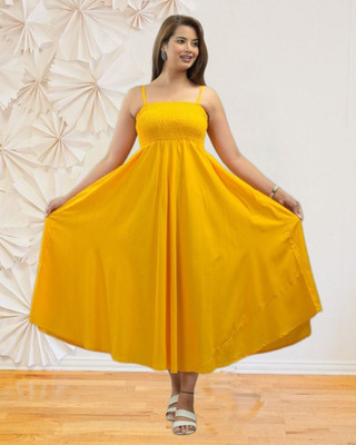 HOC's Women Fit and Flare Yellow Midi/Calf Length Dress