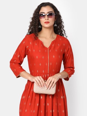 V-MART Women Fit and Flare Gold, Red Dress