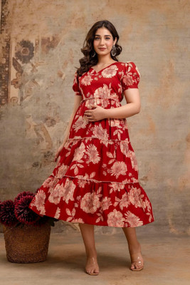 KANIW Women Fit and Flare Red Maxi/Full Length Dress