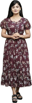 Parth Creation Women Fit and Flare Maroon Midi/Calf Length Dress