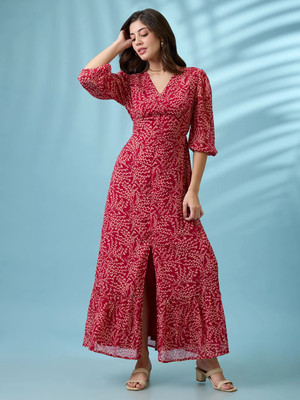 Globus Women Fit and Flare Red Maxi/Full Length Dress