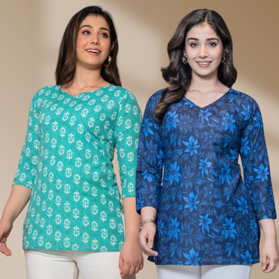 I N ENTERPRISES Casual Floral Print Women Green, Blue Top