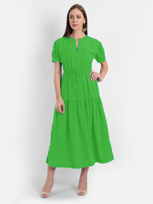 MINGLAY Women A-line Green Midi/Calf Length Dress