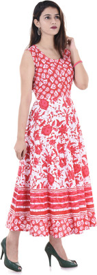 dream of styles Women Floral Print Anarkali Kurta(White, Red)