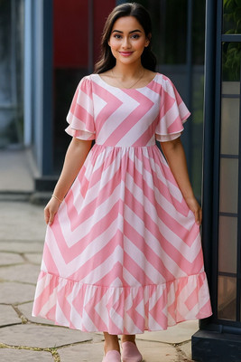 Fashion2wear Women Fit and Flare Pink Below Knee Dress