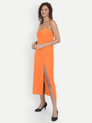 MINGLAY Women A-line Orange Midi/Calf Length Dress