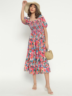 Jash Creation Women Fit and Flare Blue Midi/Calf Length Dress