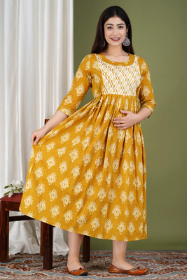 phoolkesa Women Fit and Flare Yellow Midi/Calf Length Dress