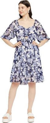 nHka Women Fit and Flare Dark Blue Knee Length Dress