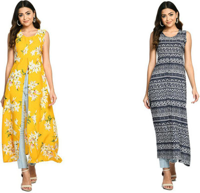 IndiWeaves Women A-line Yellow, Dark Blue Maxi/Full Length Dress