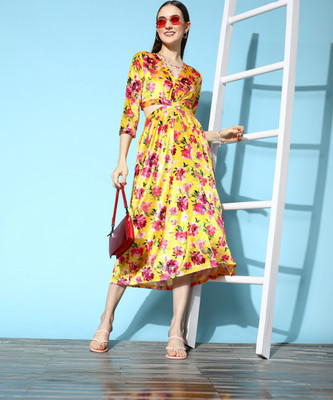 SASSAFRAS Women A-line Yellow Midi/Calf Length Dress