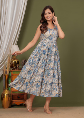 HouseOfCommon Women Fit and Flare Blue Midi/Calf Length Dress