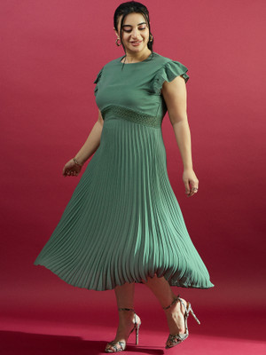 CURVE BY KASSUALLY Women A-line Green Midi/Calf Length Dress