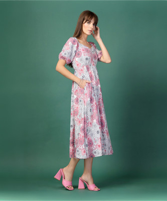 Oomph! Women Fit and Flare Pink Midi/Calf Length Dress