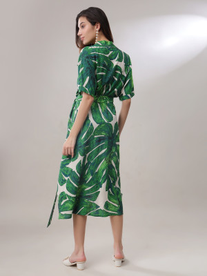 AARSI Women Gathered Green Midi/Calf Length Dress