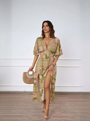 OUTZIDR Women A-line Green, Pink Below Knee Dress