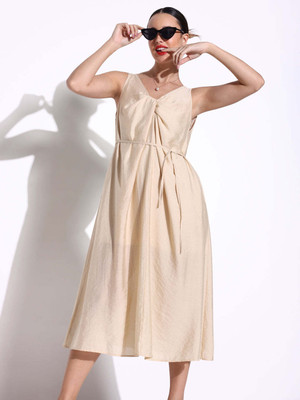 SHOWOFFFF Women A-line Beige Midi/Calf Length Dress