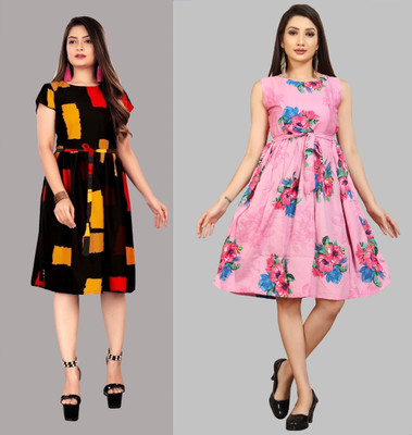 tanvi creation Women Fit and Flare Multicolor Below Knee Dress