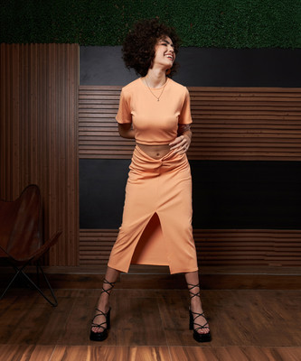 ATHENA Women Bodycon Orange Midi/Calf Length Dress