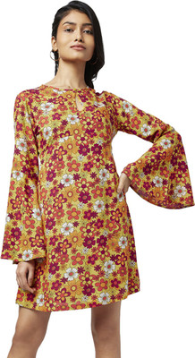 PEOPLE Women A-line Yellow Above Knee/Mid Thigh Length Dress