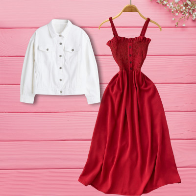 velvin Women Fit and Flare White, Red Midi/Calf Length Dress