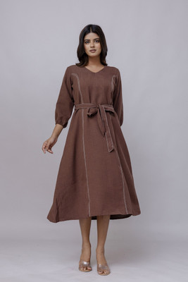 RAISHREE Women Fit and Flare Brown Knee Length Dress