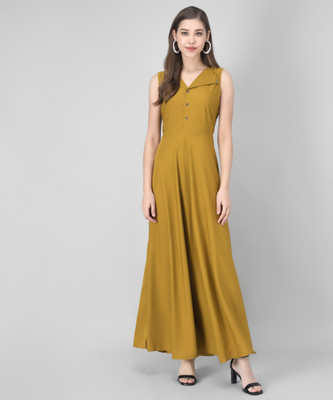 Rudraaksha Women A-line Yellow Maxi/Full Length Dress