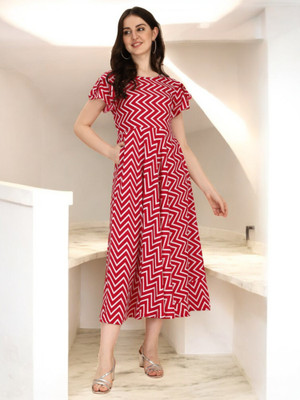 Oomph! Women Fit and Flare Maroon Below Knee Dress