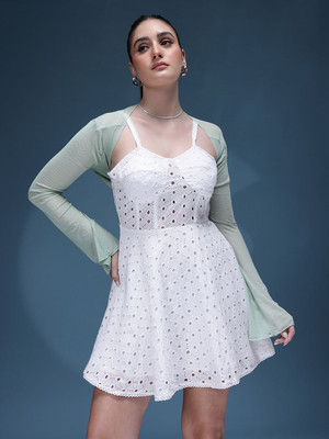 bebe Women Fit and Flare White Above Knee/Mid Thigh Length Dress