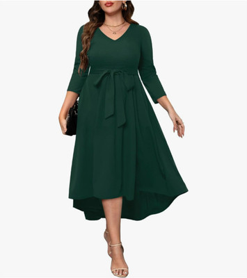 C4D Women Fit and Flare Dark Green Midi/Calf Length Dress