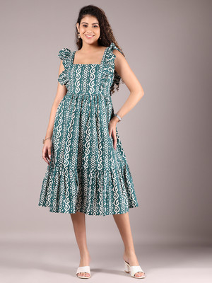 V-MART Women A-line Green Midi/Calf Length Dress
