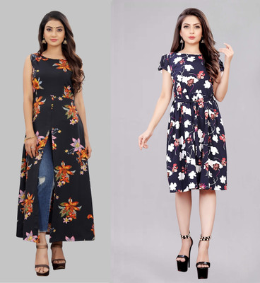 Modli 20 Fashion Women Fit and Flare Orange Below Knee Dress