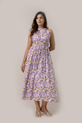 Pragusu Women Gathered Multicolor Midi/Calf Length Dress