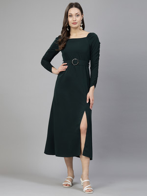 AAYU Women A-line Green Midi/Calf Length Dress