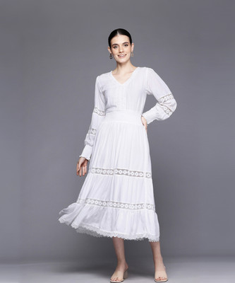 DreamVilla Women Fit and Flare White Midi/Calf Length Dress