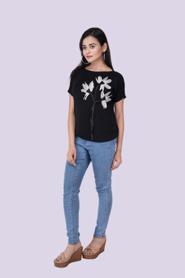 Mimoo Fashionz Casual Embellished, Floral Print Women Black Top