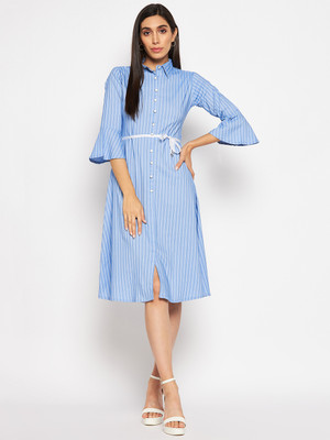 Camey Women A-line Light Blue, White Knee Length Dress