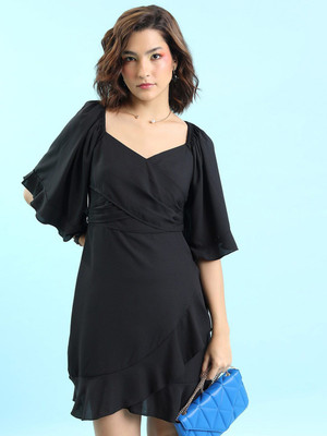 Tokyo Talkies Women Wrap Black Above Knee/Mid Thigh Length Dress