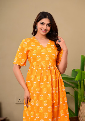 Kwast Women Fit and Flare Yellow Knee Length Dress