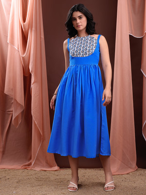 PURVAJA Women Fit and Flare Dark Blue Midi/Calf Length Dress