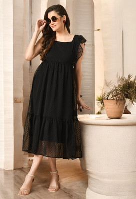 METRONAUT Women Fit and Flare Black Midi/Calf Length Dress