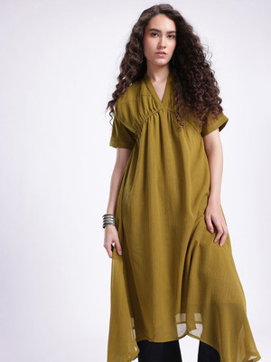 fusion by glitchez Women A-line Green Midi/Calf Length Dress