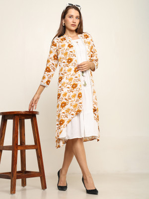 NG CREATION Women Fit and Flare White, Yellow Knee Length Dress