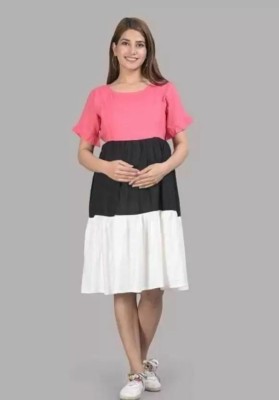 Alluring Women Fit and Flare Black, White, Pink Dress